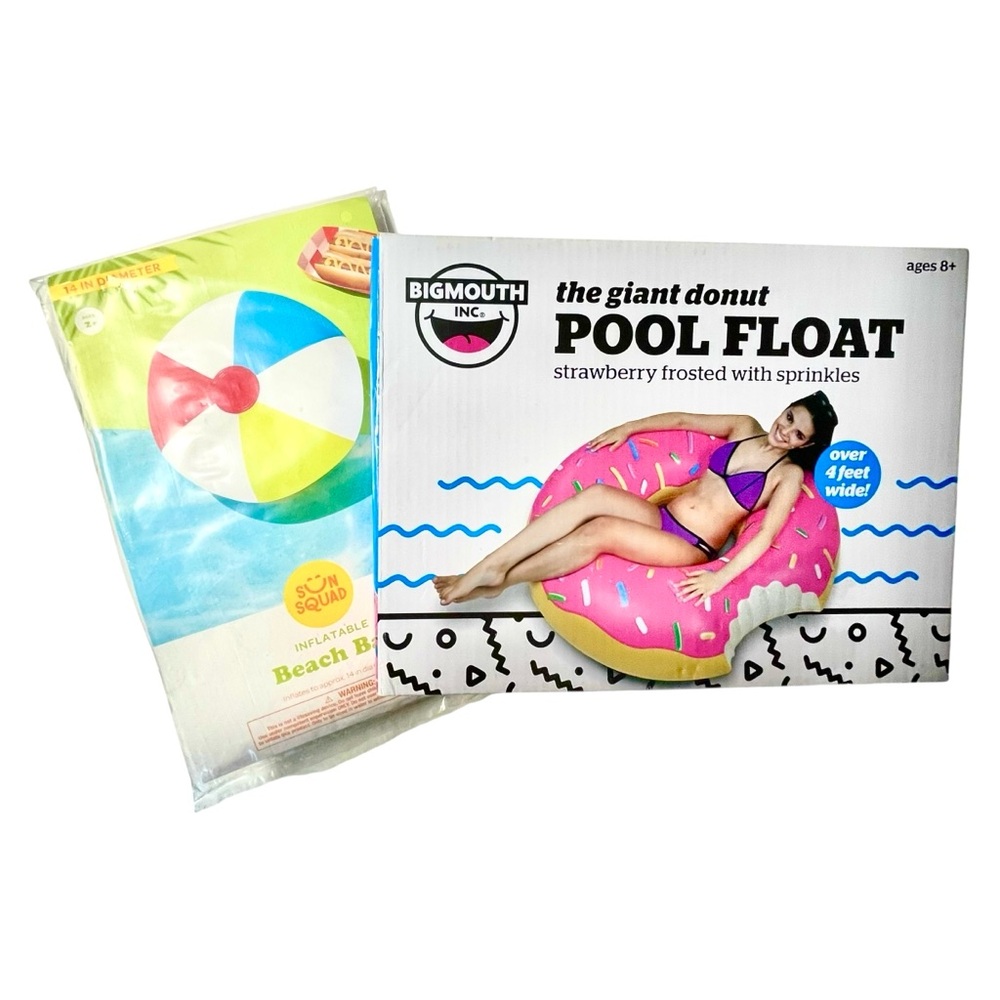 BigMouth Giant Pool Float Vinyl Strawberry Donut And Inflatable Beach Ball Lot